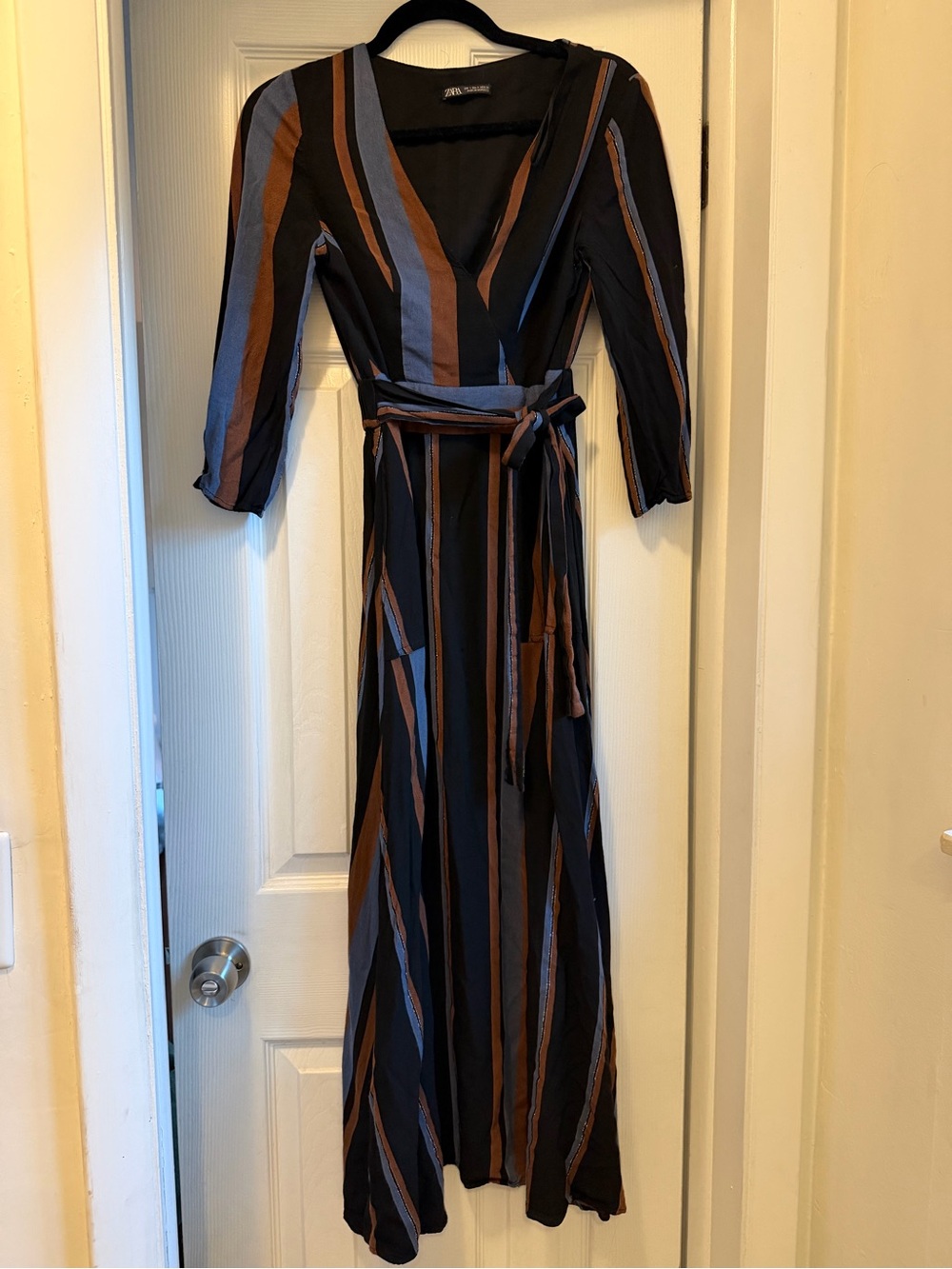 Zara Black Maxi Wrap Dress with Brown and Blue Stripes